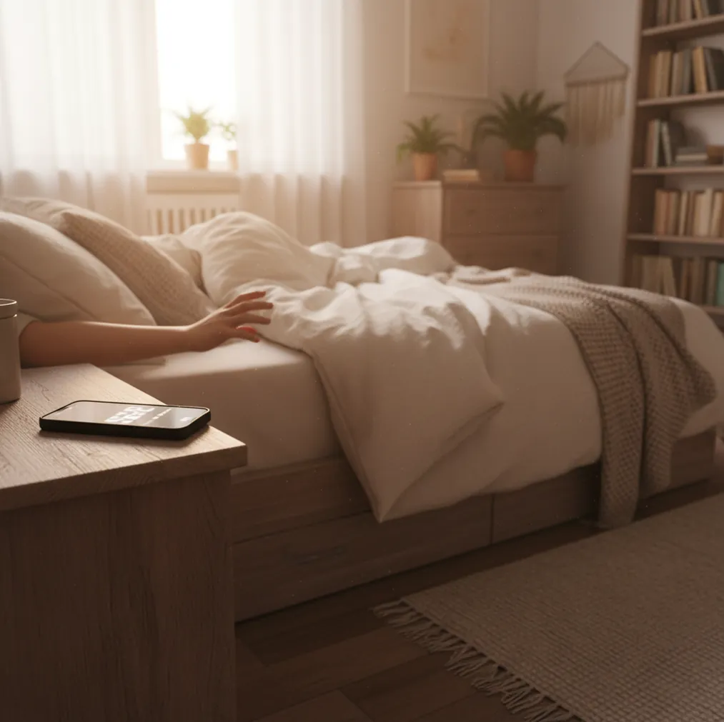 Phone alarm ringing on nightstand while a hand reaches to shake it off