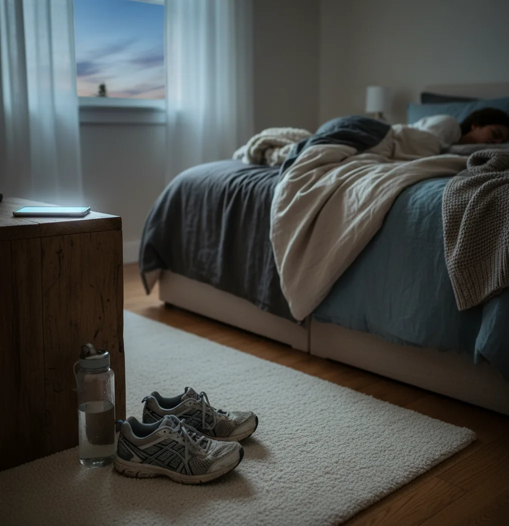 Phone on nightstand beside gym shoes and water bottle, pre-dawn light in bedroom