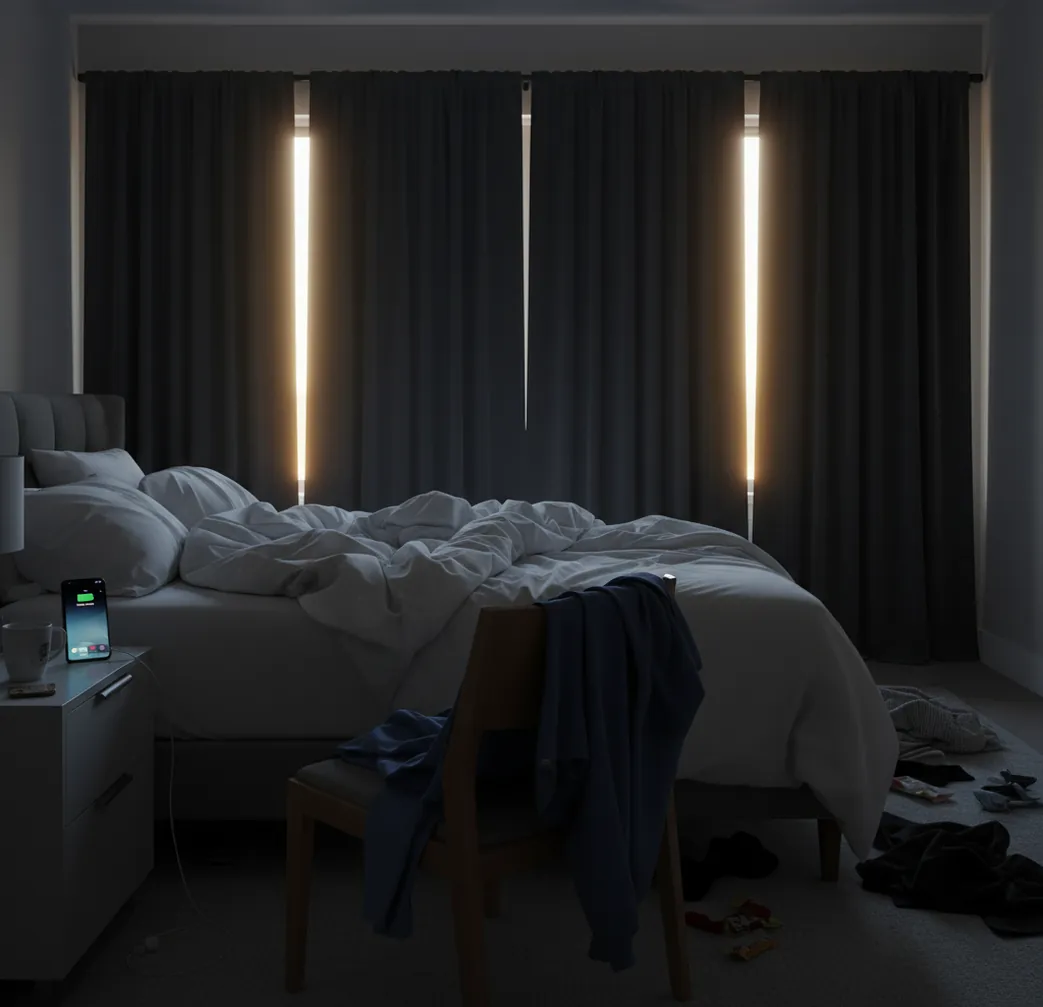 Phone alarm beside blackout curtains and scrubs, set for an early post-night-shift wake-up