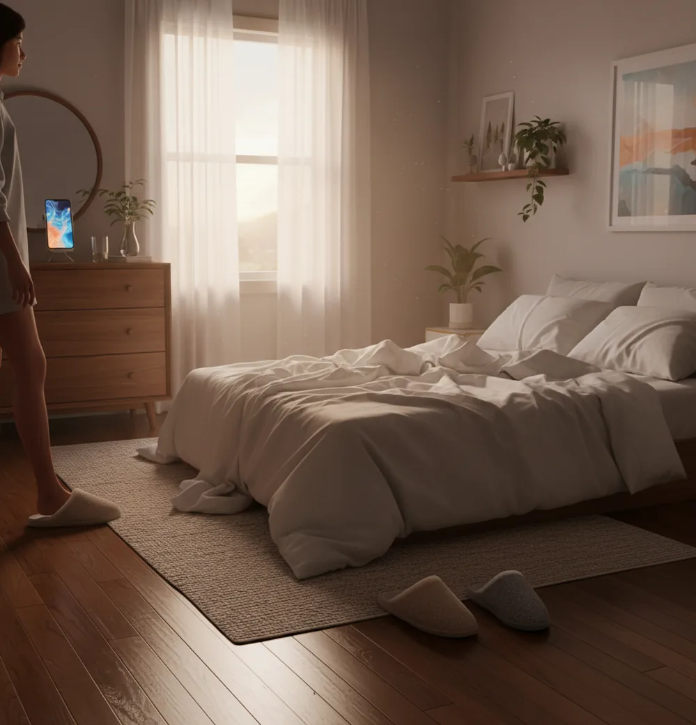 Phone on dresser as someone stands up in dim morning light