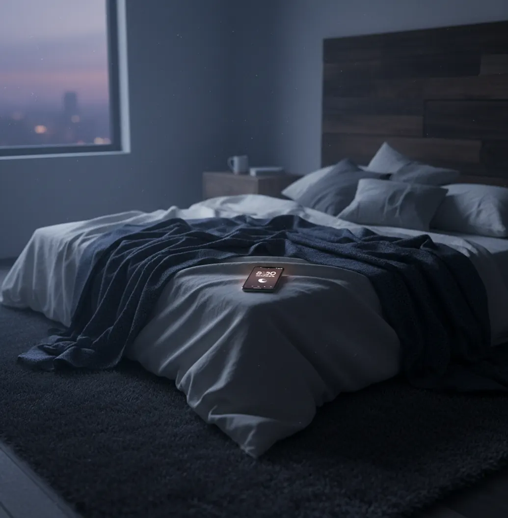 Phone on nightstand showing an early alarm time in a dim bedroom at dawn