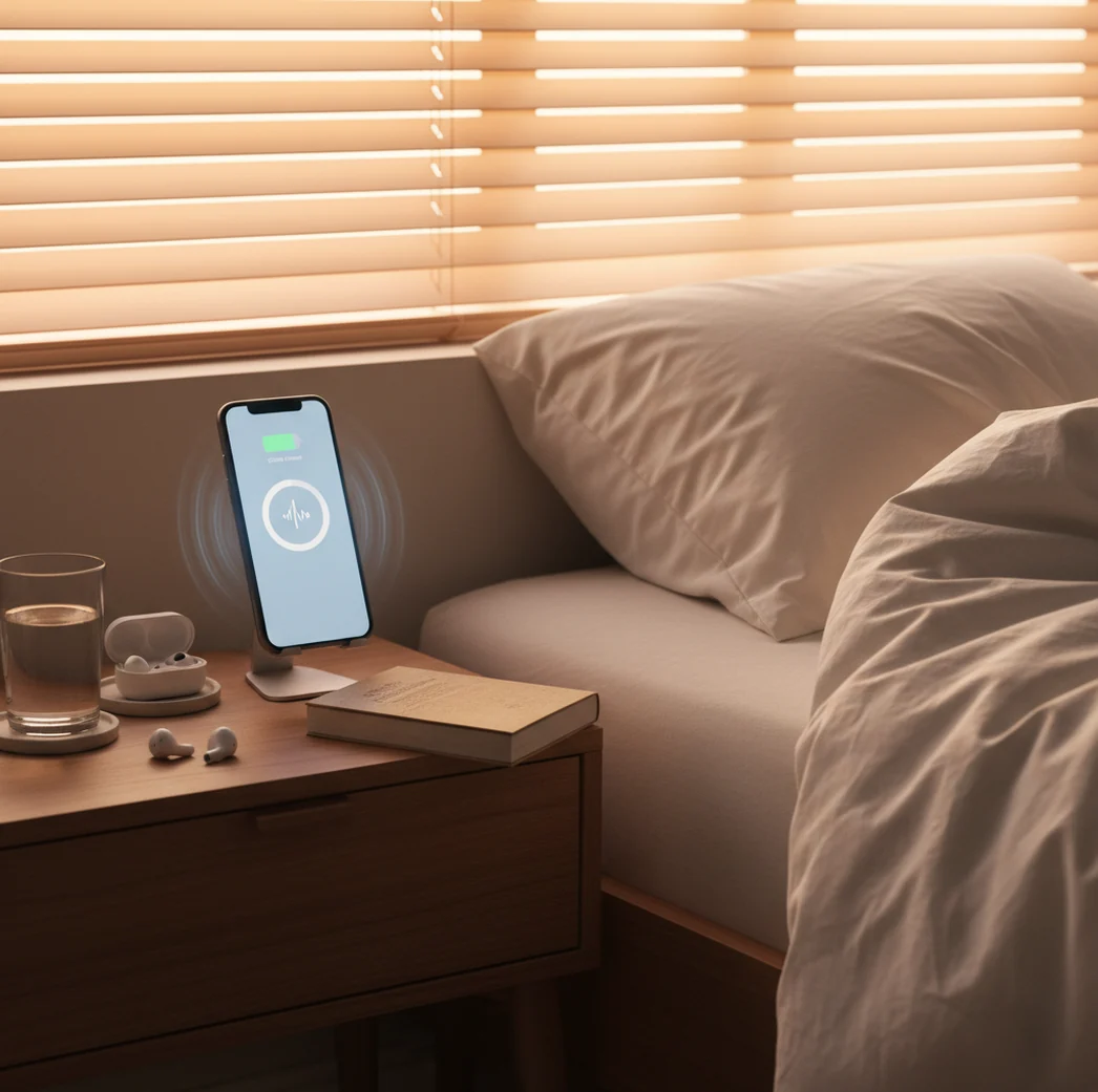 Phone on nightstand with sunrise glow, alarm screen visible, messy bedroom morning light