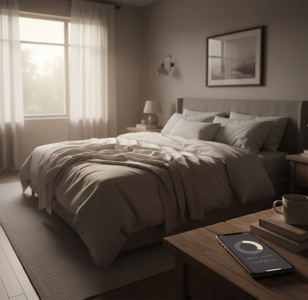 Phone alarm on nightstand at dawn, showing a wake window and gentle volume ramp
