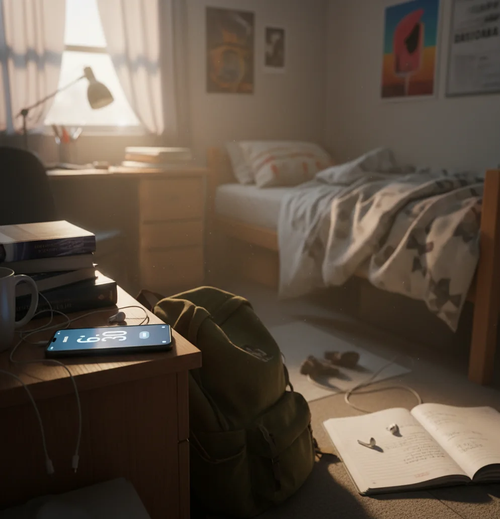 Phone alarm app waking a student in a dorm room before an early lecture