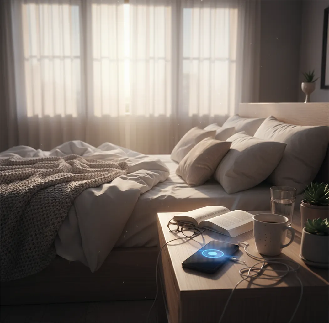 Phone alarm playing loud rising tone beside bed, morning light, messy nightstand, no text