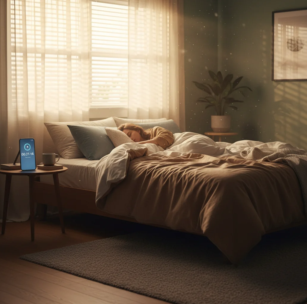Phone on bedside table with nap timer counting down in a dim, calm bedroom