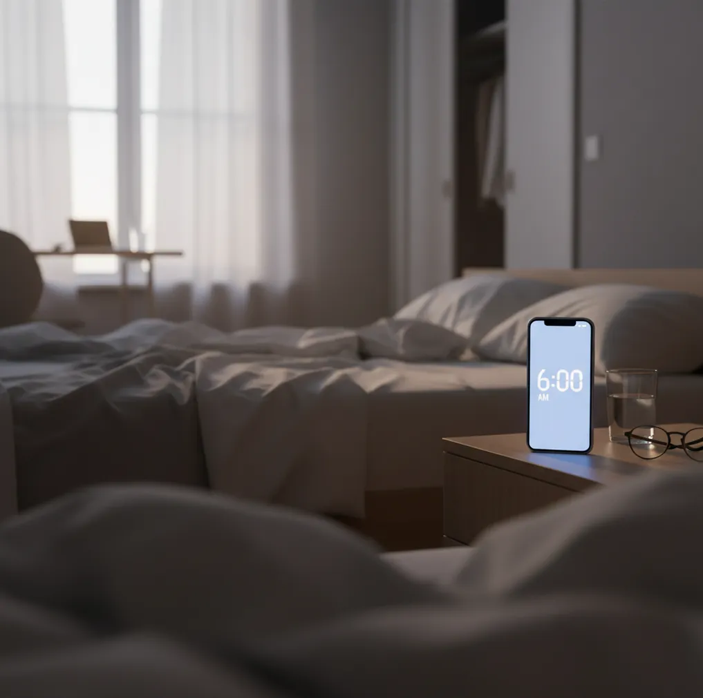 Phone on nightstand with alarm screen glowing at dawn beside rumpled bedsheets