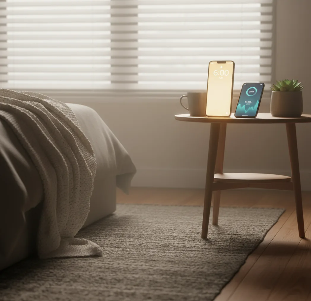 Phone alarm on bedside table at dawn, comparing loud alarm and smart wake features