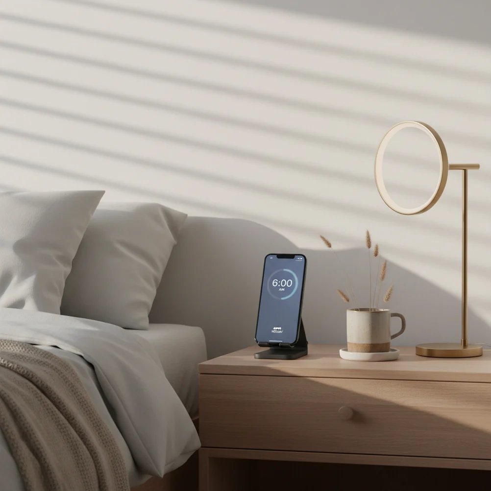 Phone on nightstand at 6:30 AM, clean alarm screen, no banners or pop-ups