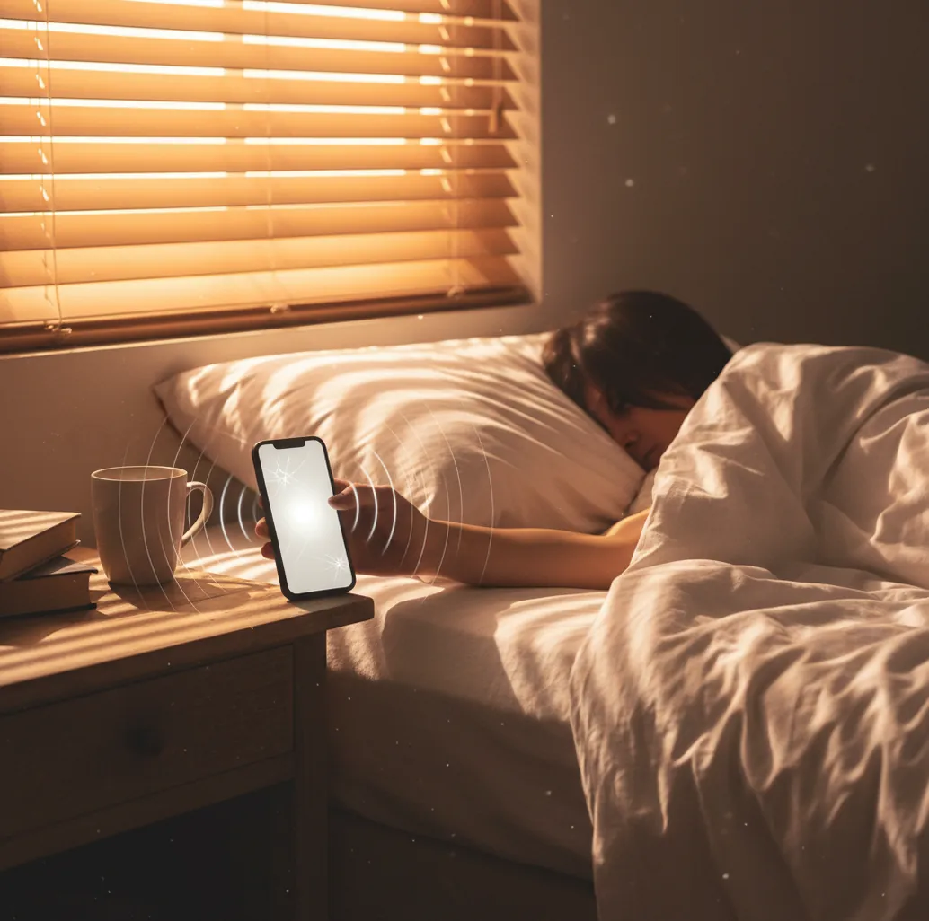 Hand reaching for a phone alarm at sunrise, volume slider maxed on screen