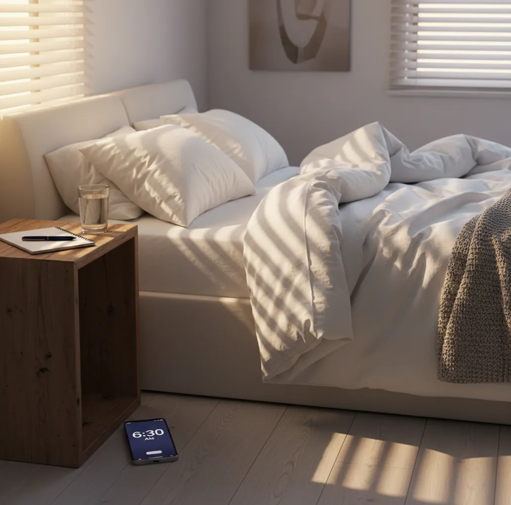 Phone alarm on nightstand at sunrise, with notebook and water glass beside it
