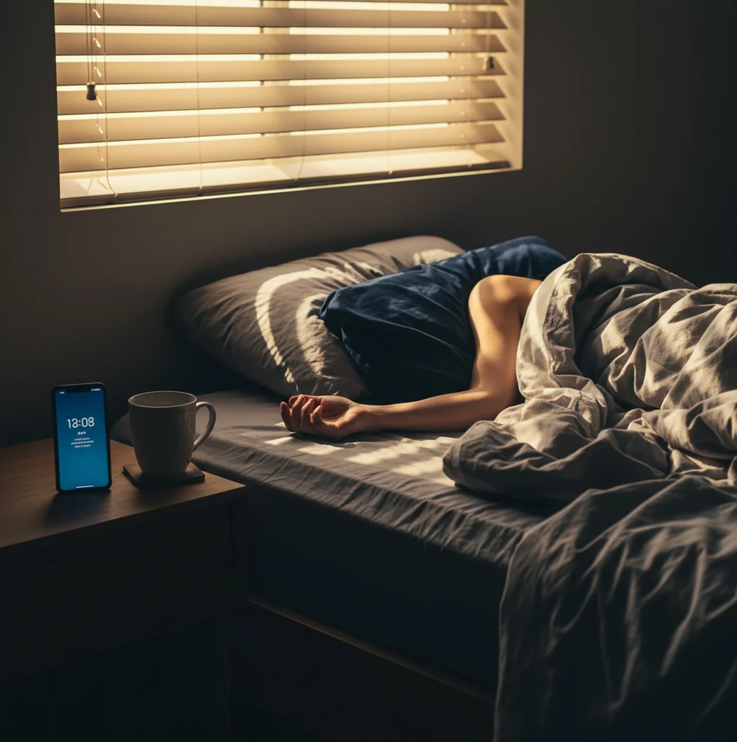 Phone on nightstand with loud alarm screen while a heavy sleeper struggles to wake up