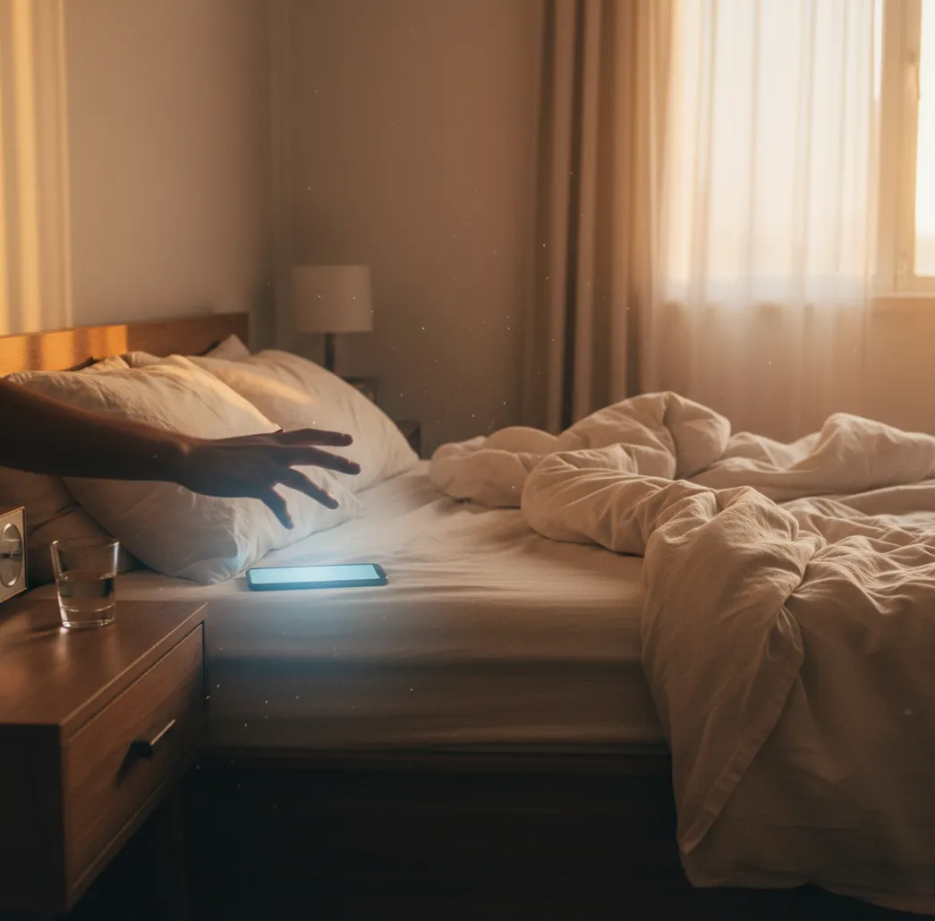 Phone on nightstand with alarm screen glowing in dark bedroom, motion blur from hand reaching