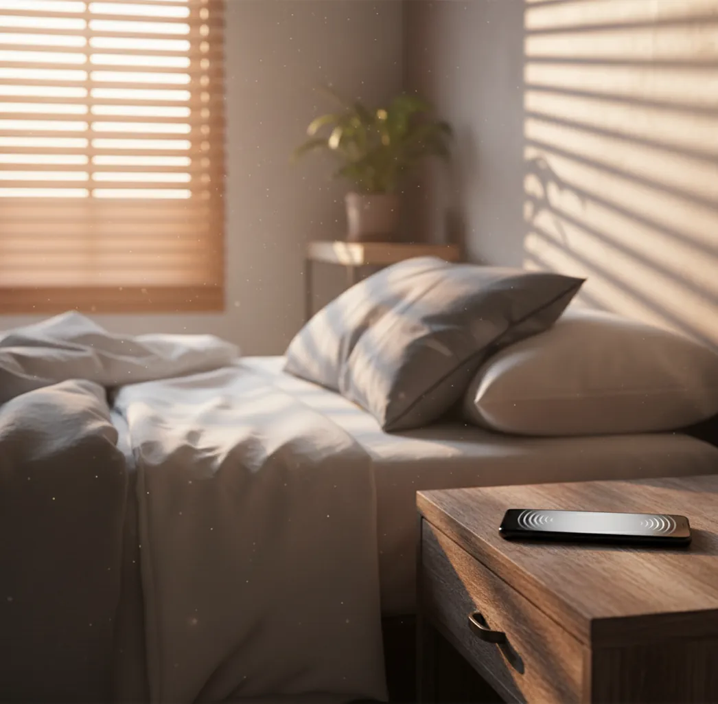 Phone on nightstand showing alarm window while sunrise light hits rumpled sheets