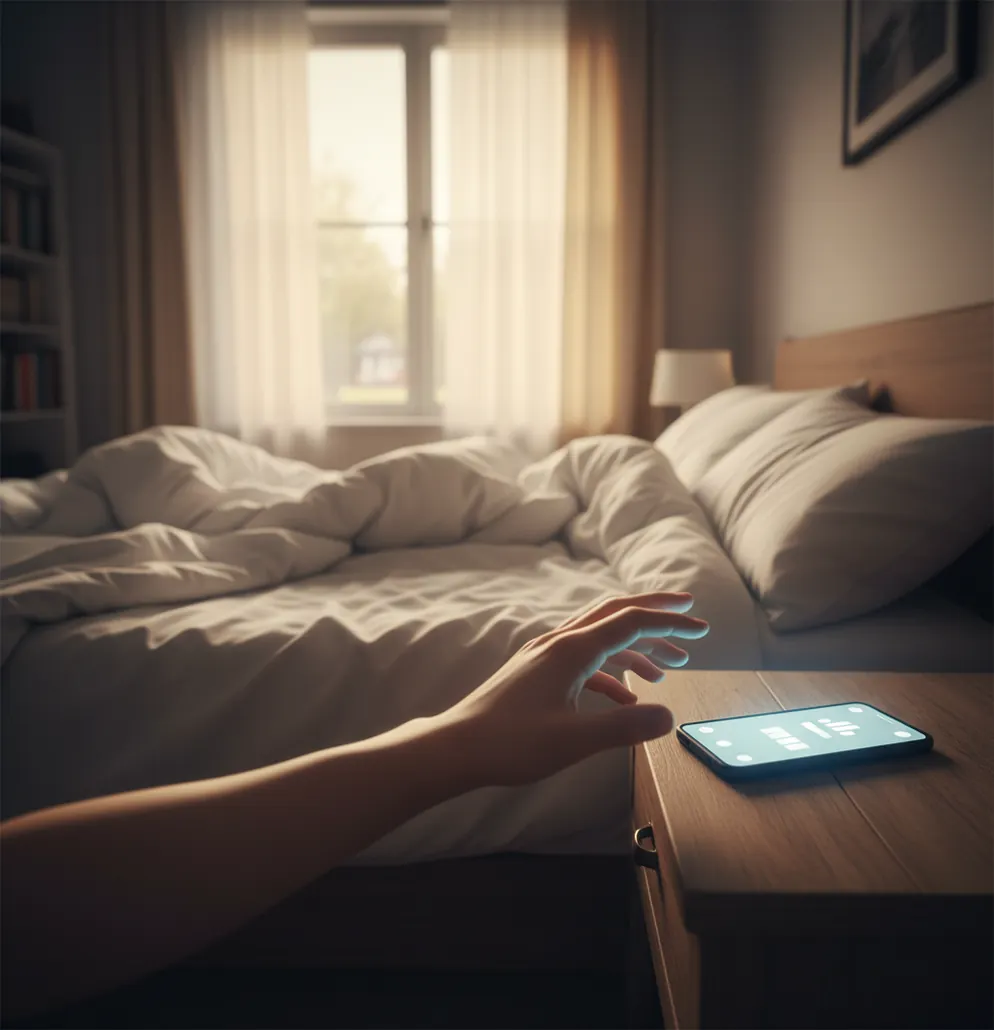 Phone on nightstand with loud alarm screen while a sleepy hand reaches to shake it off