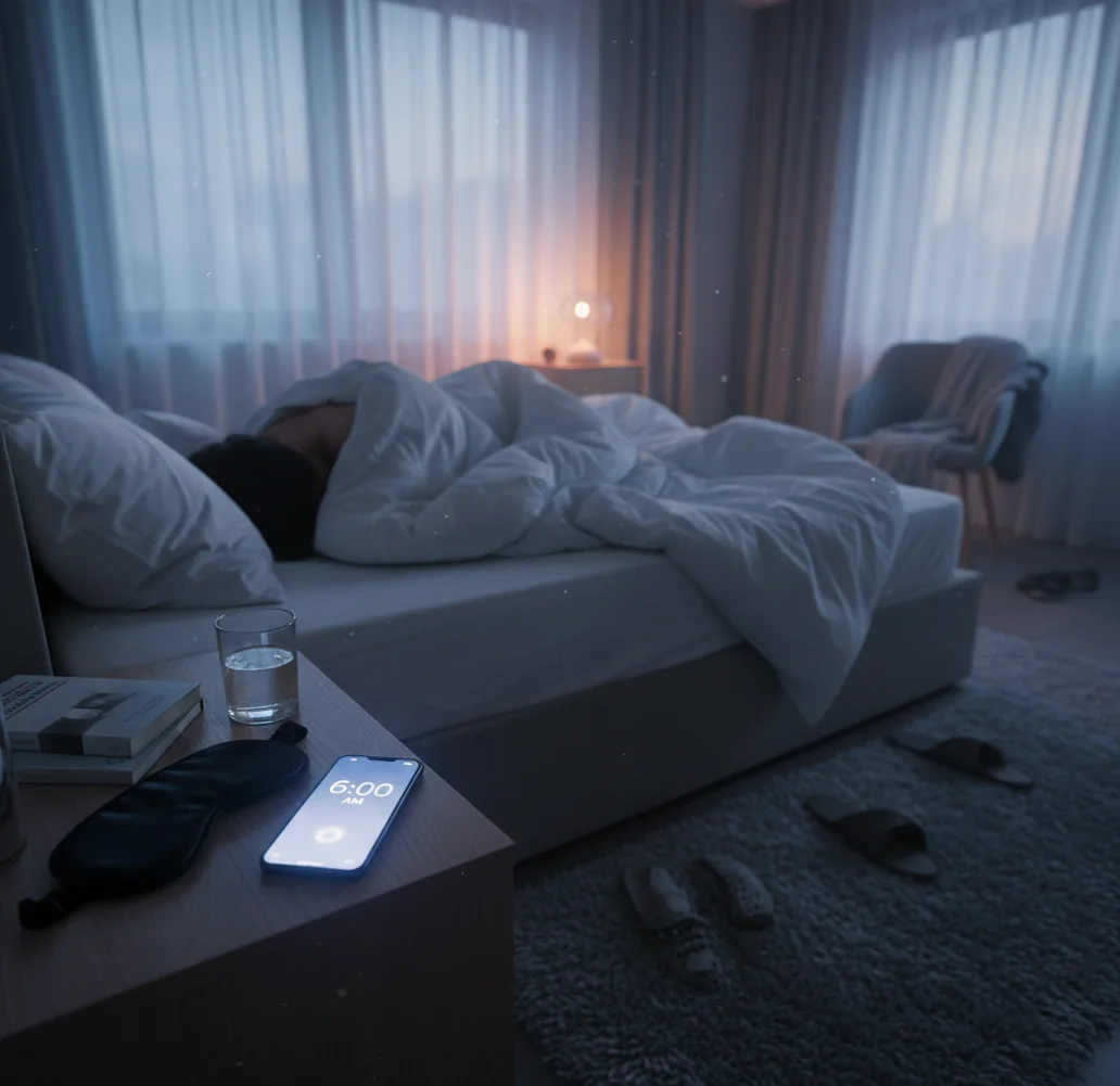 Phone alarm blaring on nightstand while a heavy sleeper reaches to snooze half-awake